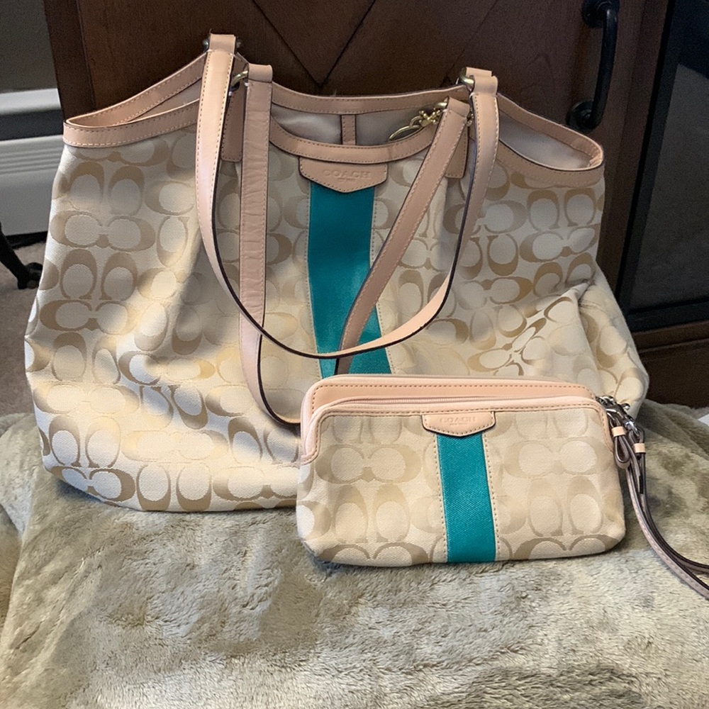 Coach Signature Stripe Shoulder Bag with matching wristlet.